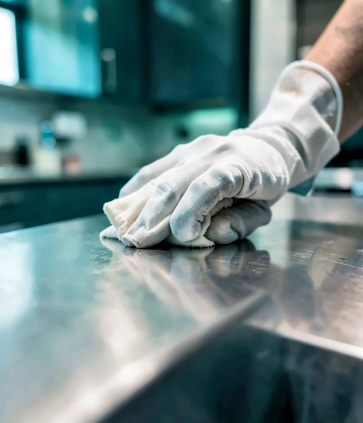 Gloved hand wiping a stainless steel surface until spotless