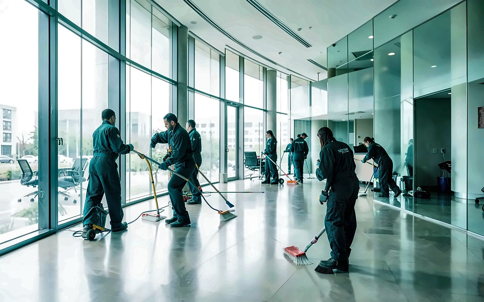 Uniformed Opidian Consults crew cleaning a bright office lobby